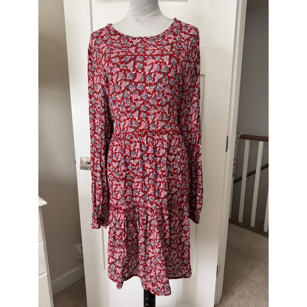 Knox Rose Red Paisley Floral Tiered Boho Mini Dress XXL Long Sleeve Rayon